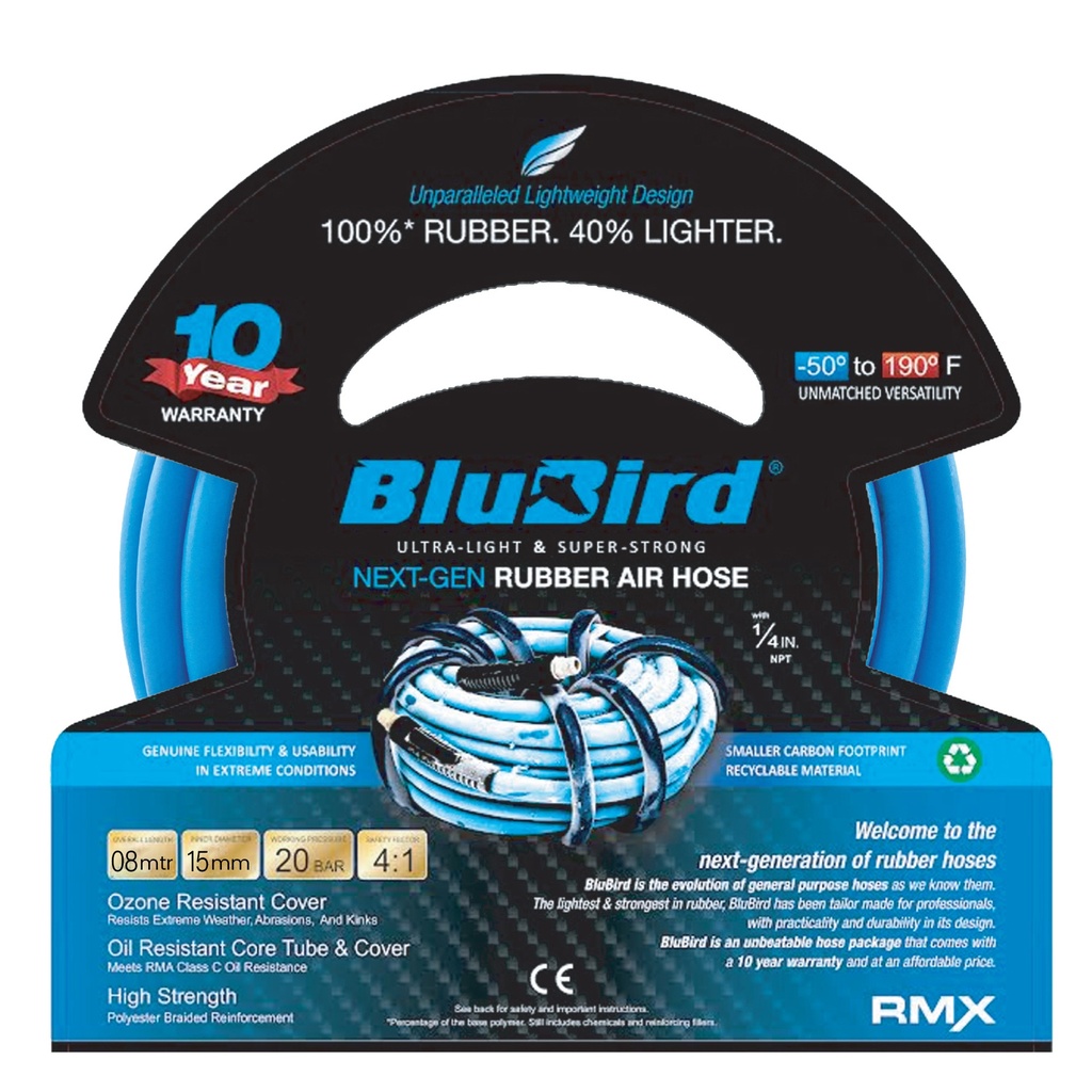 Blubird Rubber Air Hose 08mm x 15m with 1/4 M BSP external thread