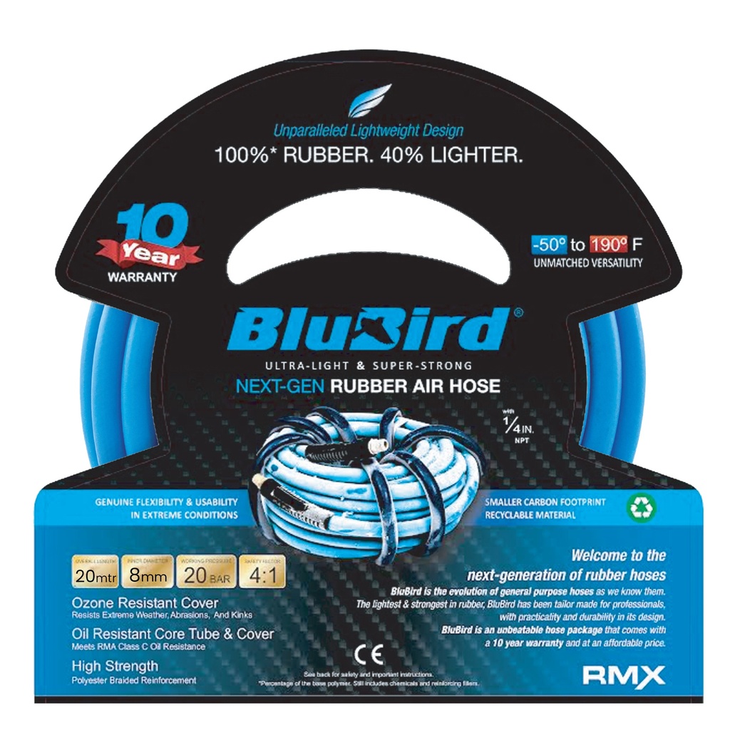 Blubird Rubber Air Hose 08mm x 20m with 1/4 M BSP external thread